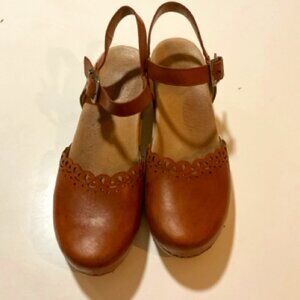 Dansko Marta Mary Jane Tan leather clog with lacy edge
